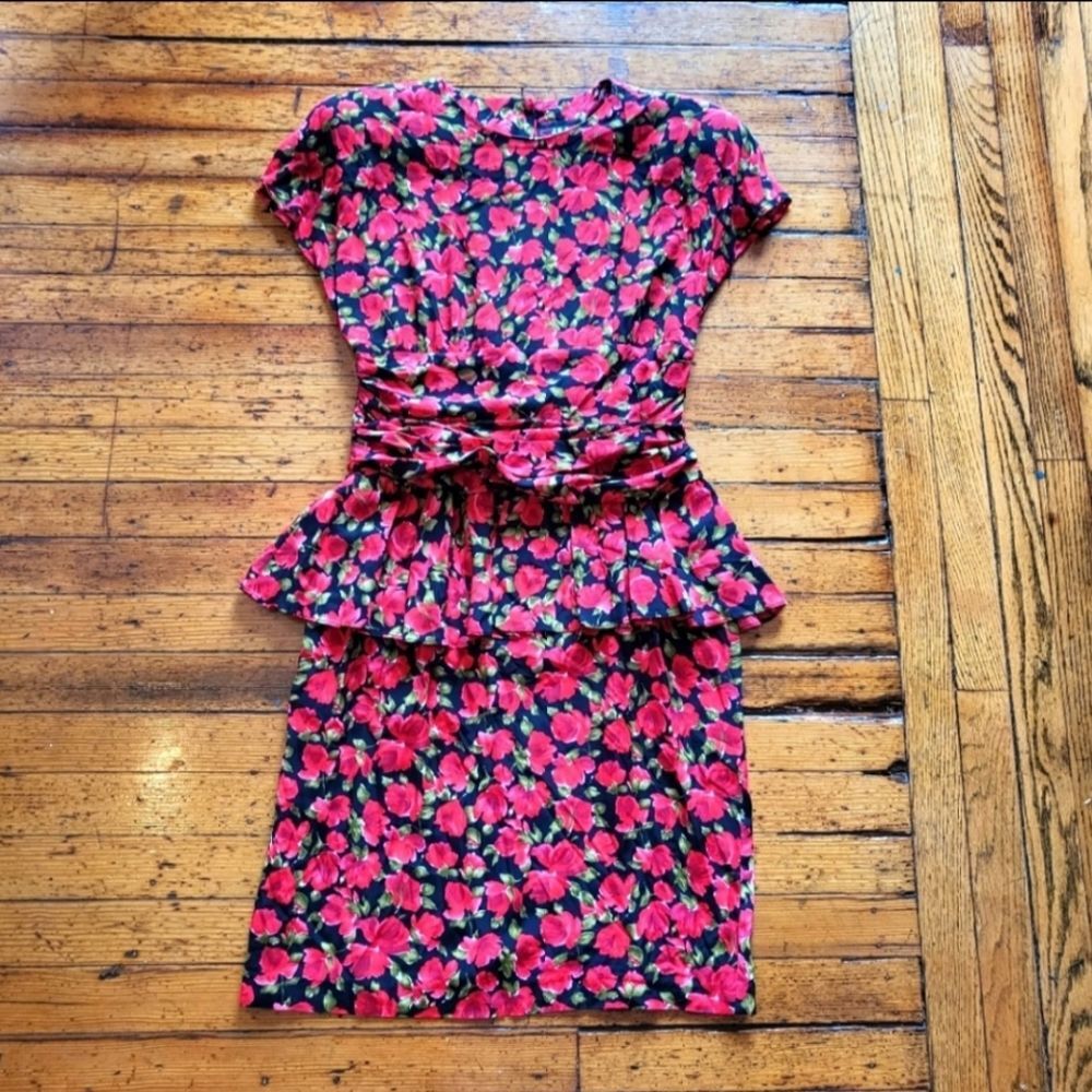 J.S.J Division of John Roberts Vintage Ruched Peplum Floral Dress Size 13/14